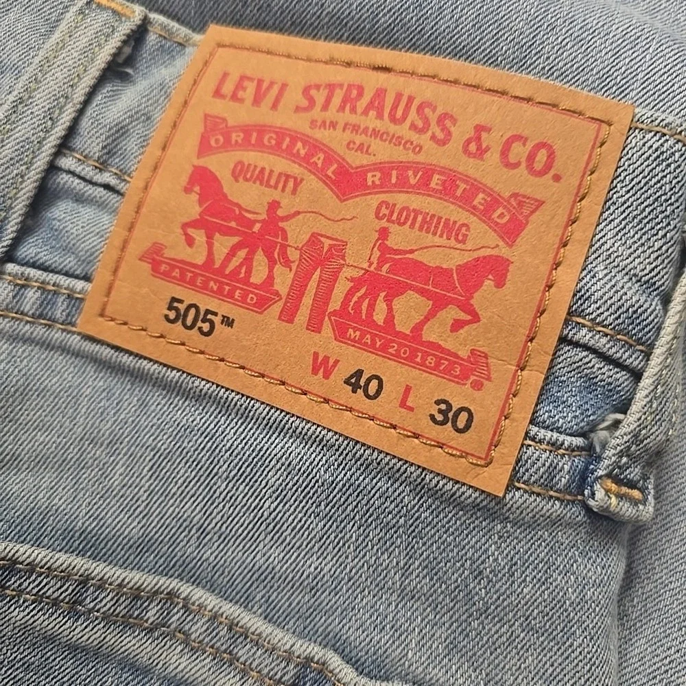 Levis‎ 505 Jeans Mens 40x30 Blue Light Wash Straight Stretch WaterLess Denim